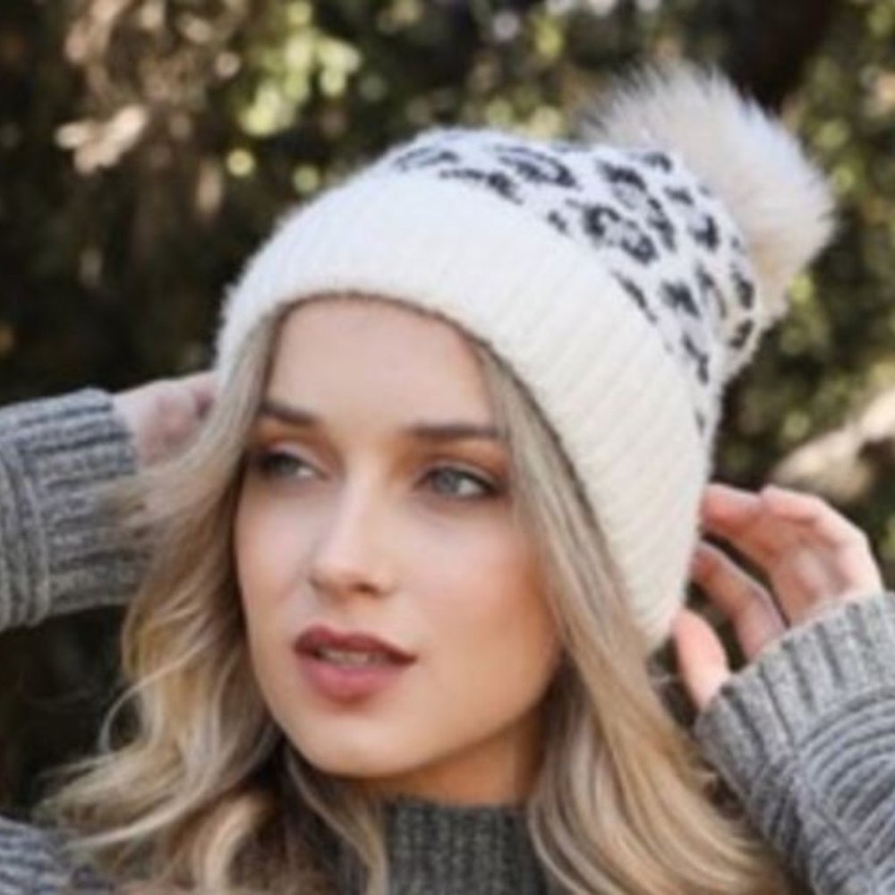 Leopard Print Beanie with Furry Pom Pom - Picture 3 of 3